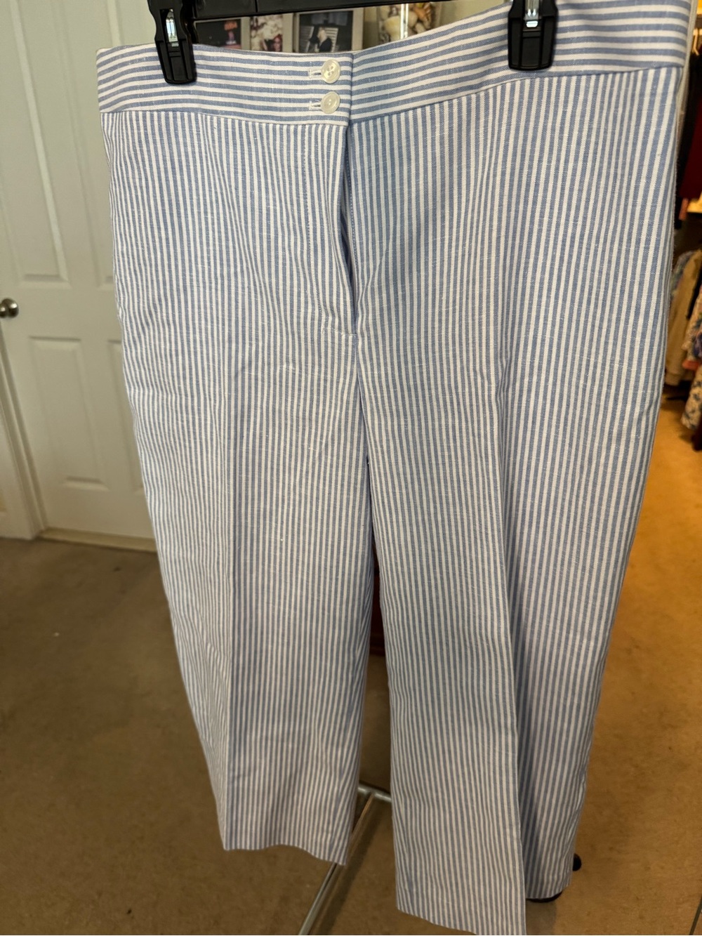 Women’s Plus Striped Blue & White Cropped Linen Dress Pants